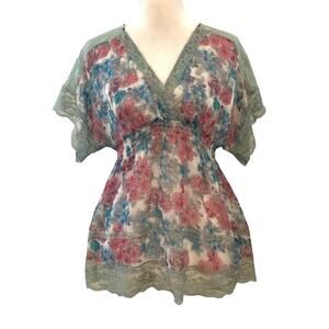 Y2K Vanity Pink Blue Sheer Lace Coquette Top Medium